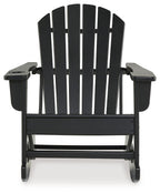 Black Adirondack rocking chair front view with slatted back, armrests, and wide base.