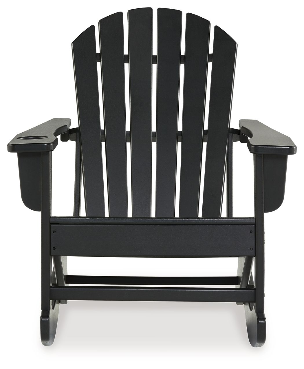 Black Adirondack rocking chair front view with slatted back, armrests, and wide base.
