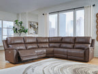 Power reclining sectional sofa, dark espresso brown with curved corner and multiple recline panels