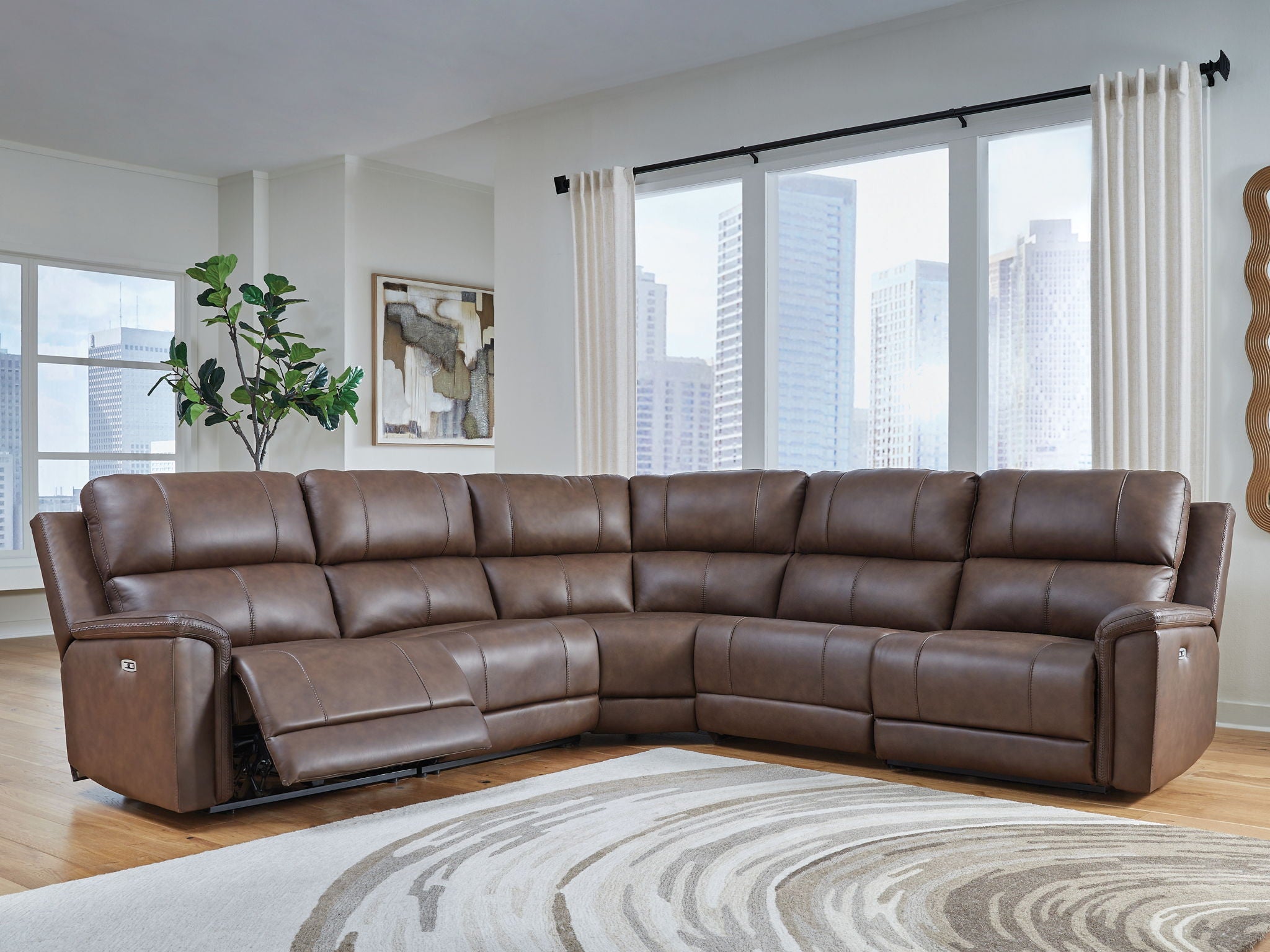 Power reclining sectional sofa, dark espresso brown with curved corner and multiple recline panels