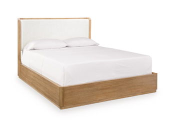 Queen upholstered headboard and bed frame in light brown wood with white bedding