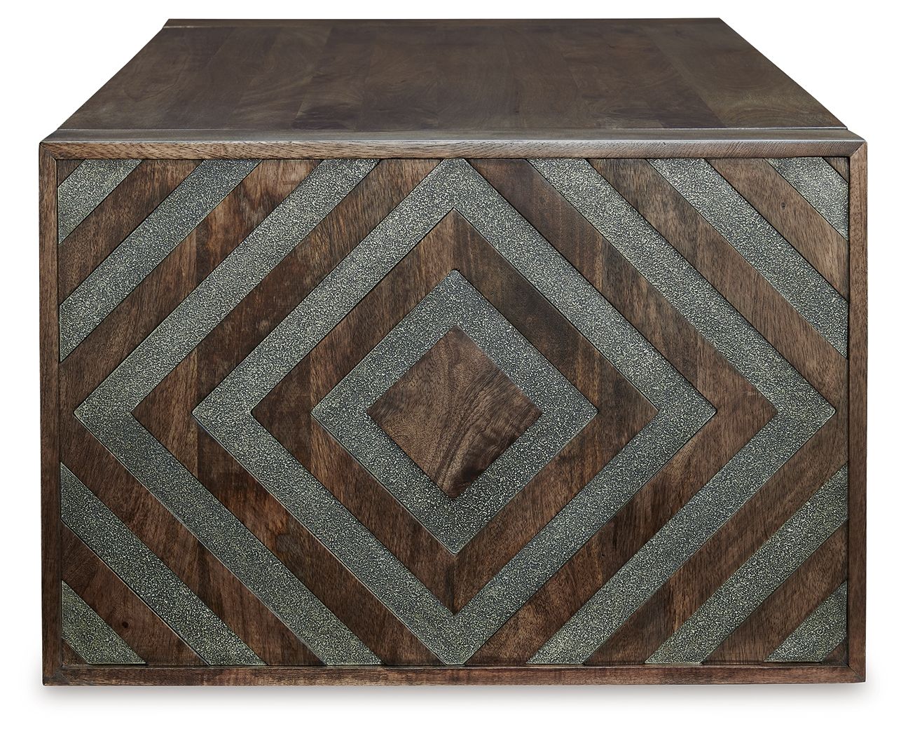 Dreggan rectangular cocktail table, brown wood with chevron inlay side panel