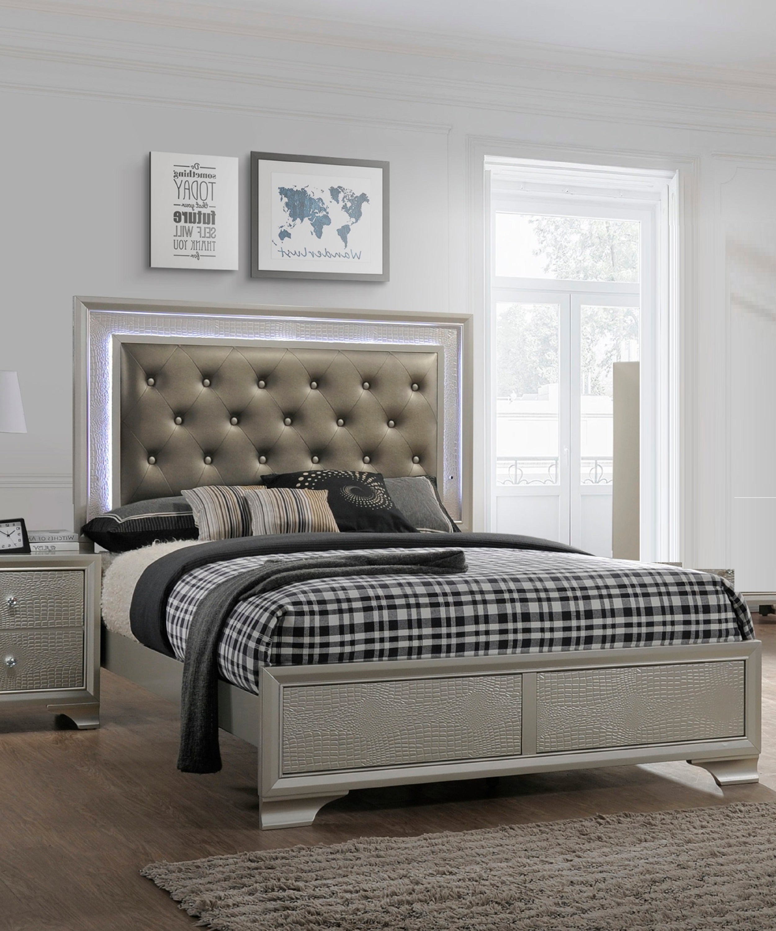 Modern Champagne Crocodile King Upholstered LED Tufted Bed