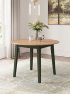 Round drop-leaf dining table with light wood top and green legs