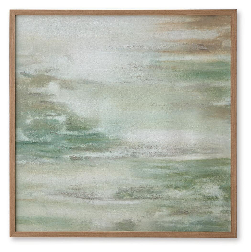 Framed abstract wall art with green, brown & white horizontal strokes