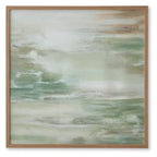 Framed abstract wall art with green, brown & white horizontal strokes