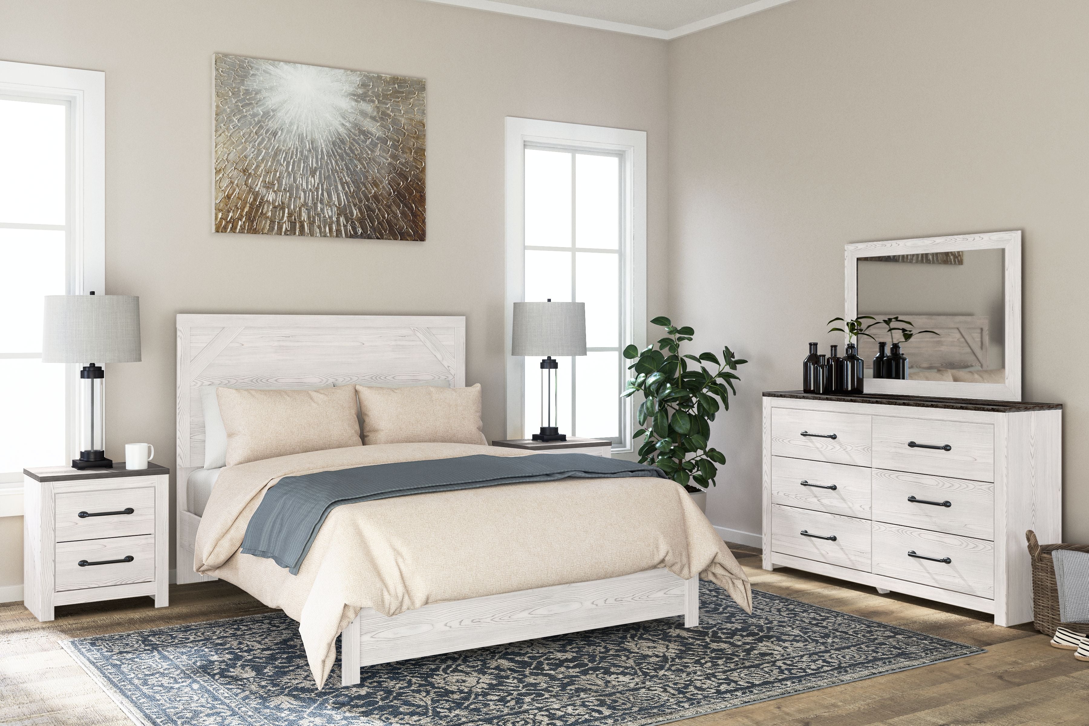 White and gray two-drawer night stand with two drawers and dark bar handles