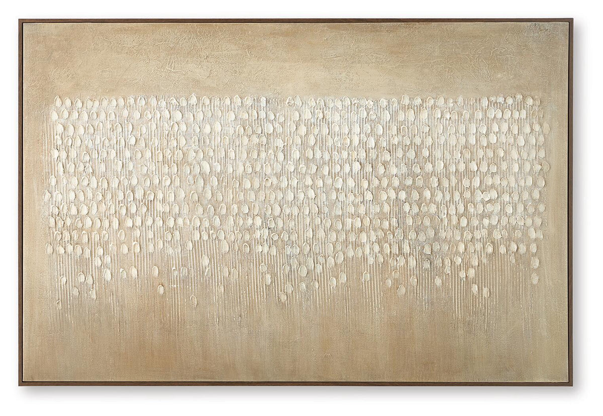 Rectangular framed wall art with beige and brown abstract dot pattern