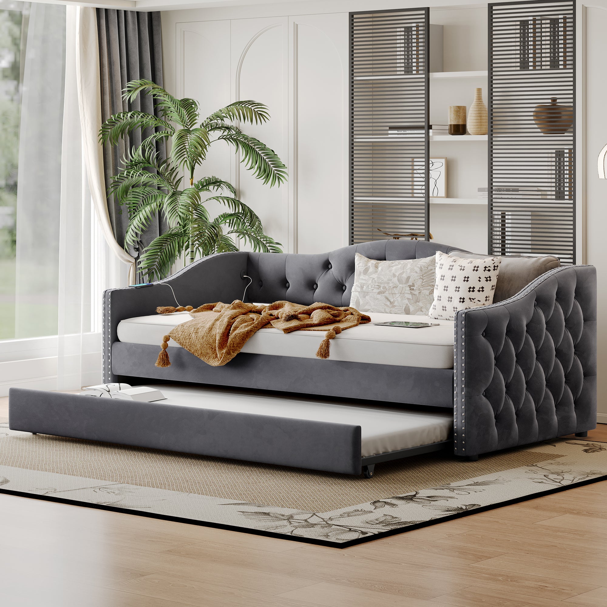 Twin Upholstered Daybed, Trundle, USB, Wood Slats, Velvet Gray