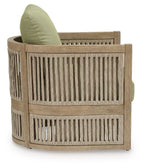 Outdoor lounge chair with light beige wooden arms and green back cushion
