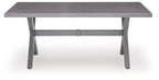 Gray rectangular dining table with side support rails and straight legs