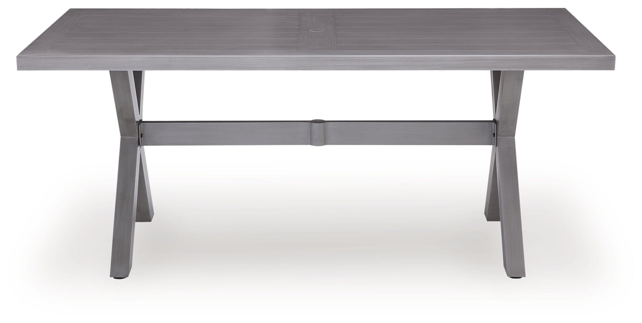Gray rectangular dining table with side support rails and straight legs