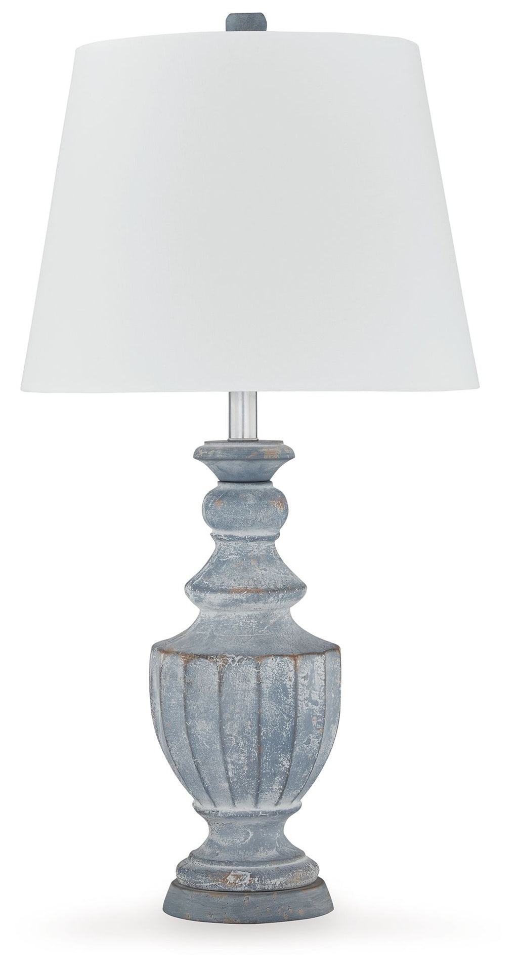 Antique blue table lamp with white fabric shade and ornate fluted base
