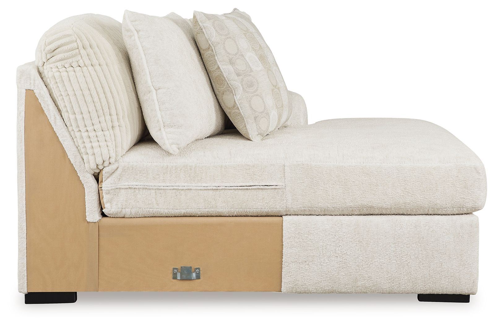 Ivory corner chaise with track arms, ribbed bolster pillows, and fabric seat cushion