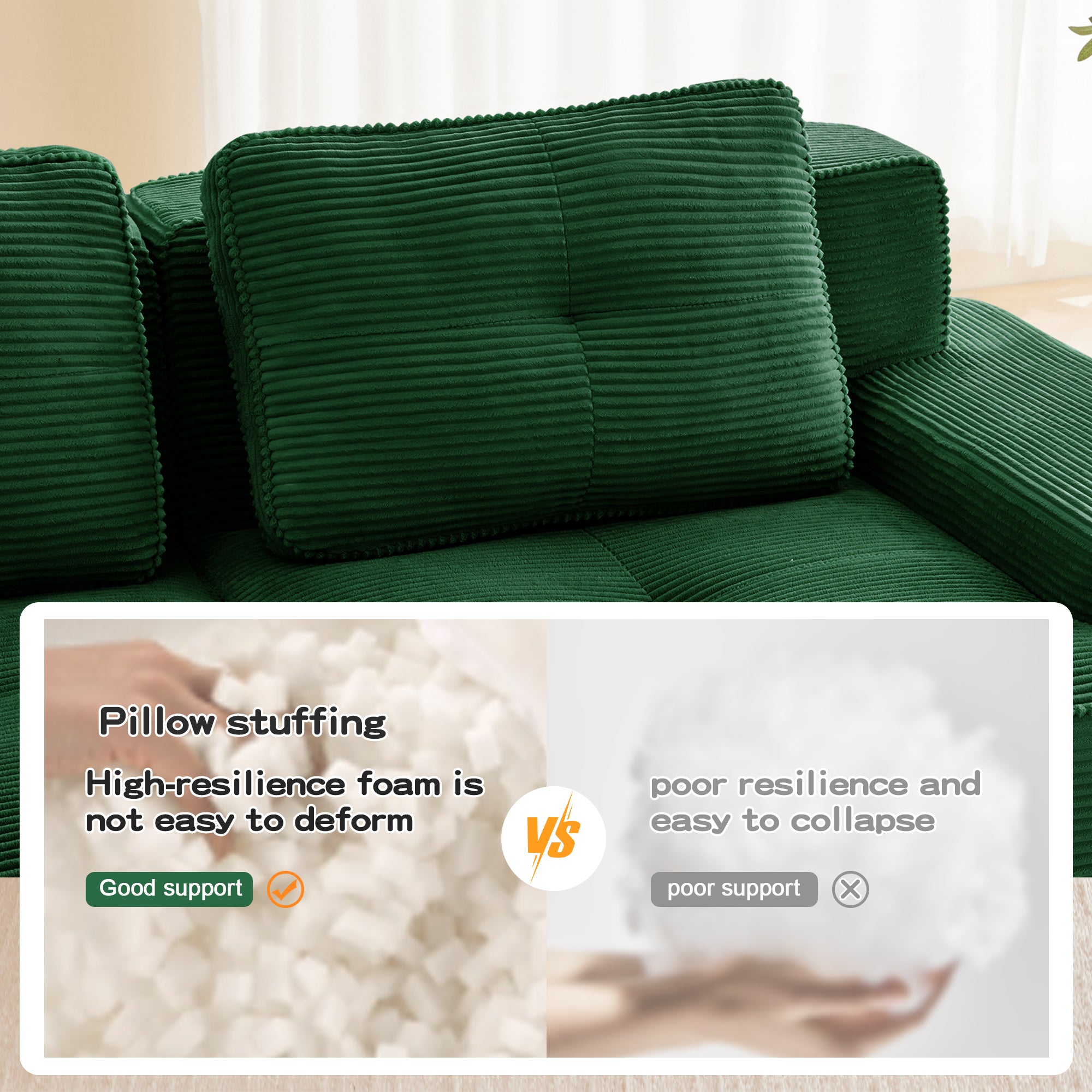 Green corduroy sectional back pillow with visible ribbed stitching and seams