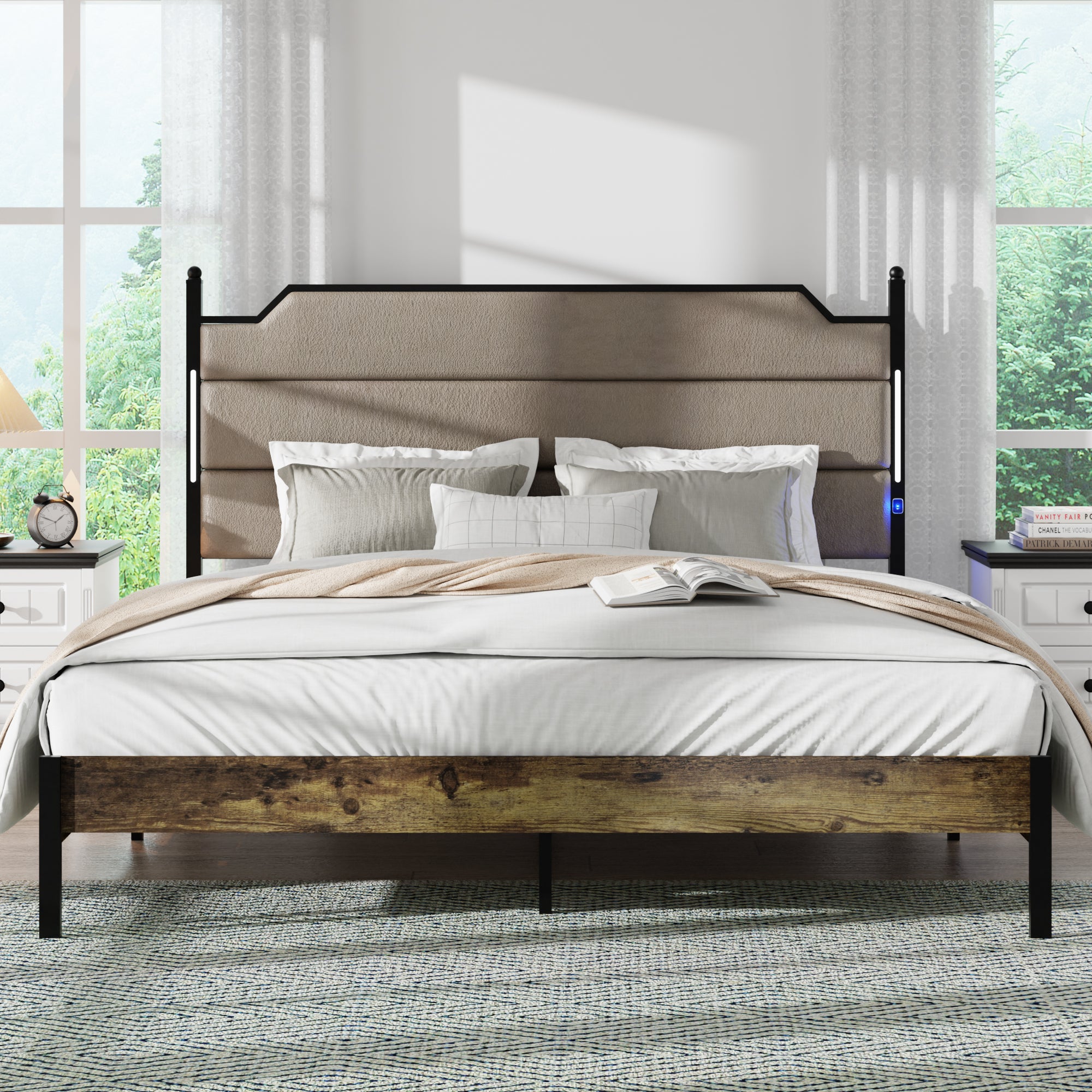 Industrial Brown Bed Frame: Upholstered, LED, Charging, No Box Spring