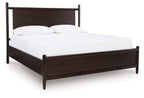 Dantenton panel bed in dark brown with arched headboard and white bedding