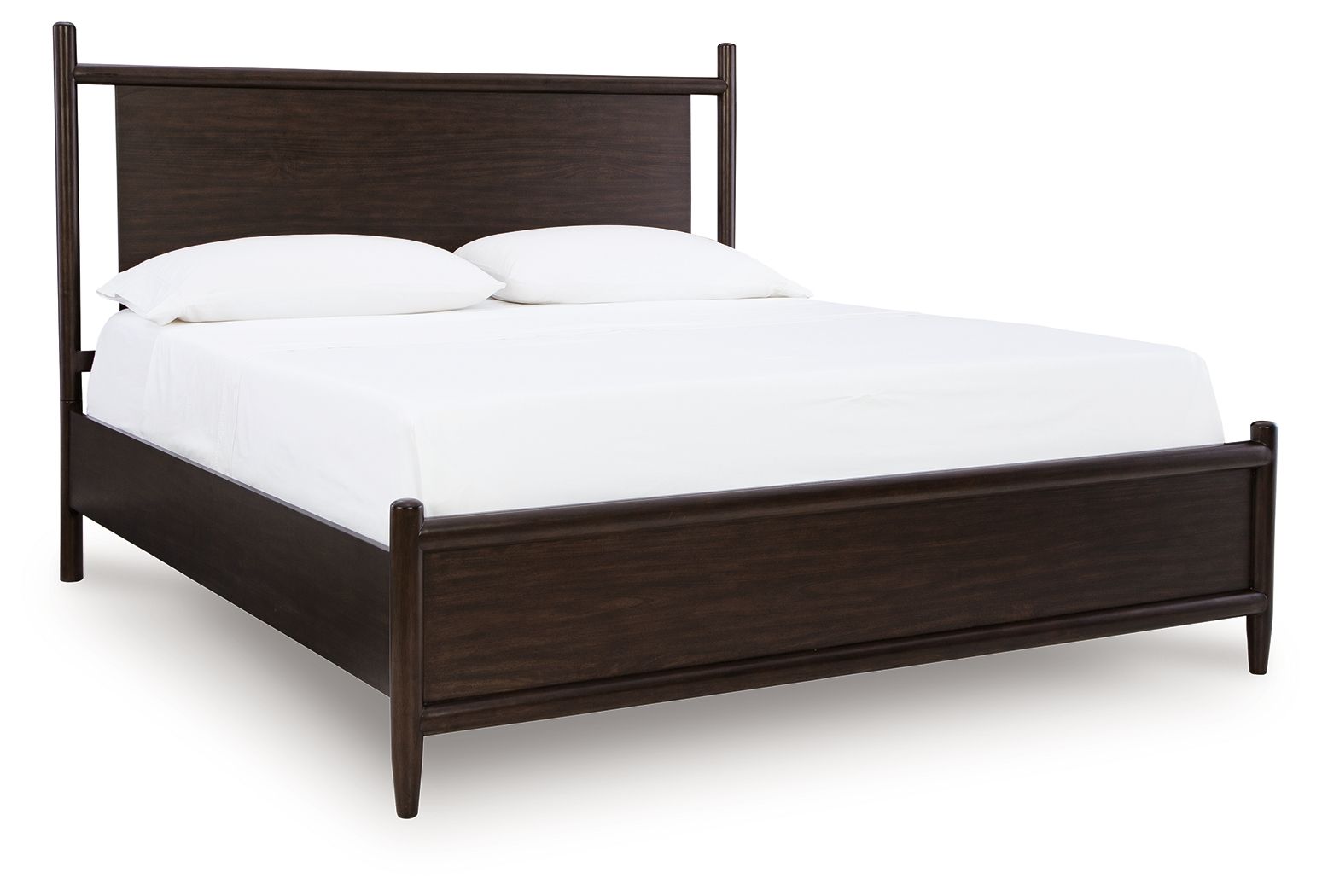 Dantenton panel bed in dark brown with arched headboard and white bedding