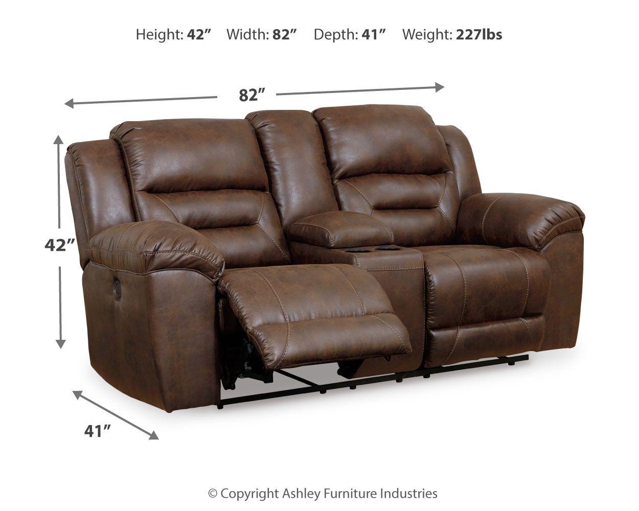 Stoneland power reclining loveseat in dark brown leather-look, padded arms and reclining seat