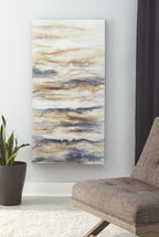 Vertical wall art canvas with layered blue and tan abstract landscape seascape