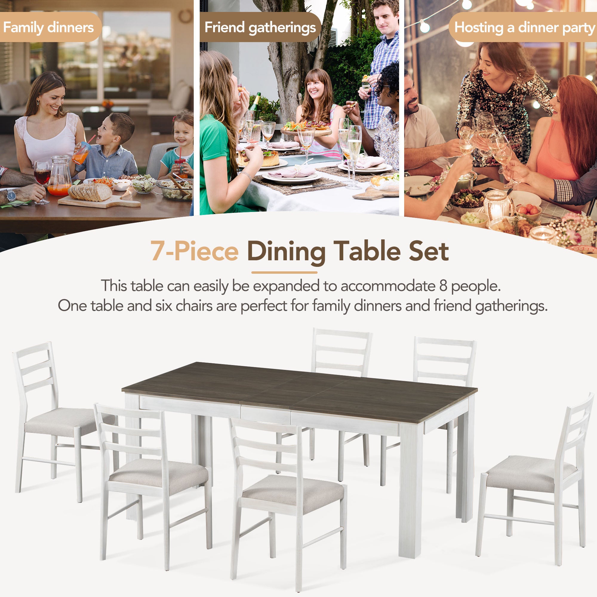 7-Pc. Extendable Dining Table Set w/ Chairs (Brown+White)