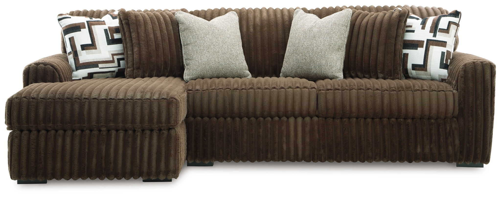 Brown corduroy sectional sofa with chaise and light gray throw pillows