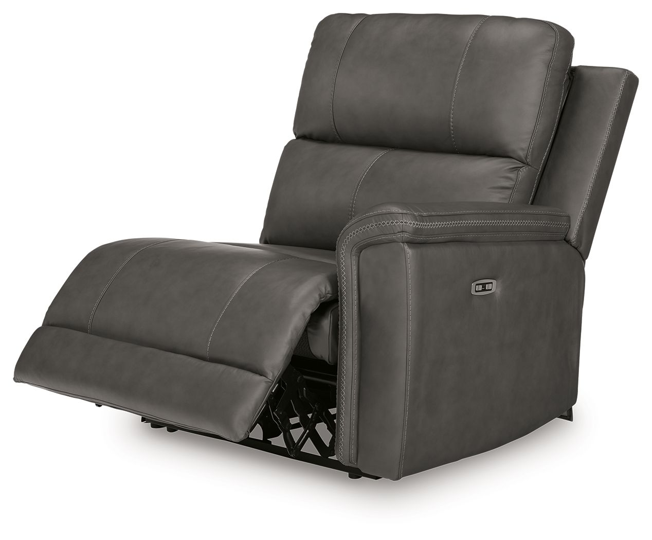 Power wall recliner chair in dark gray with extended footrest and upright headrest