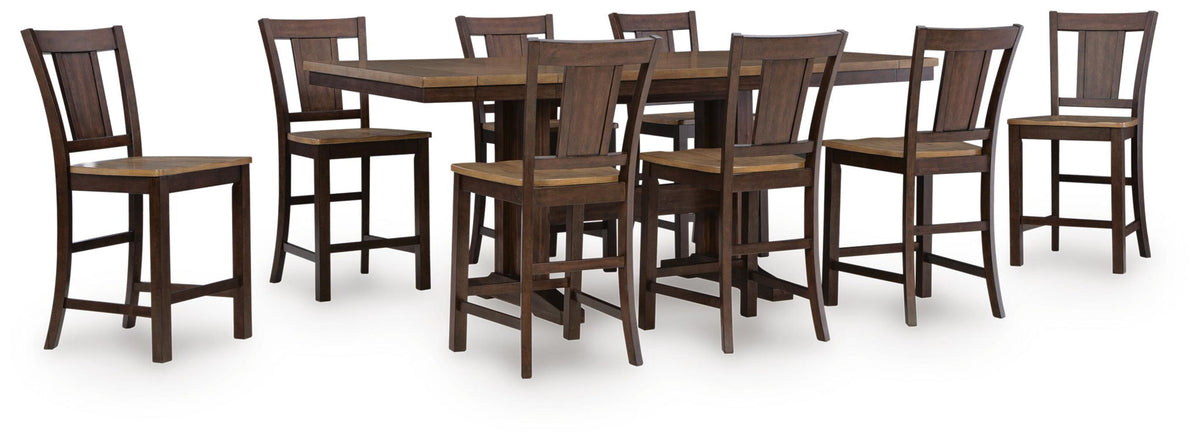 Rylandeen counter-height dining table set with multiple stools, dark brown wood