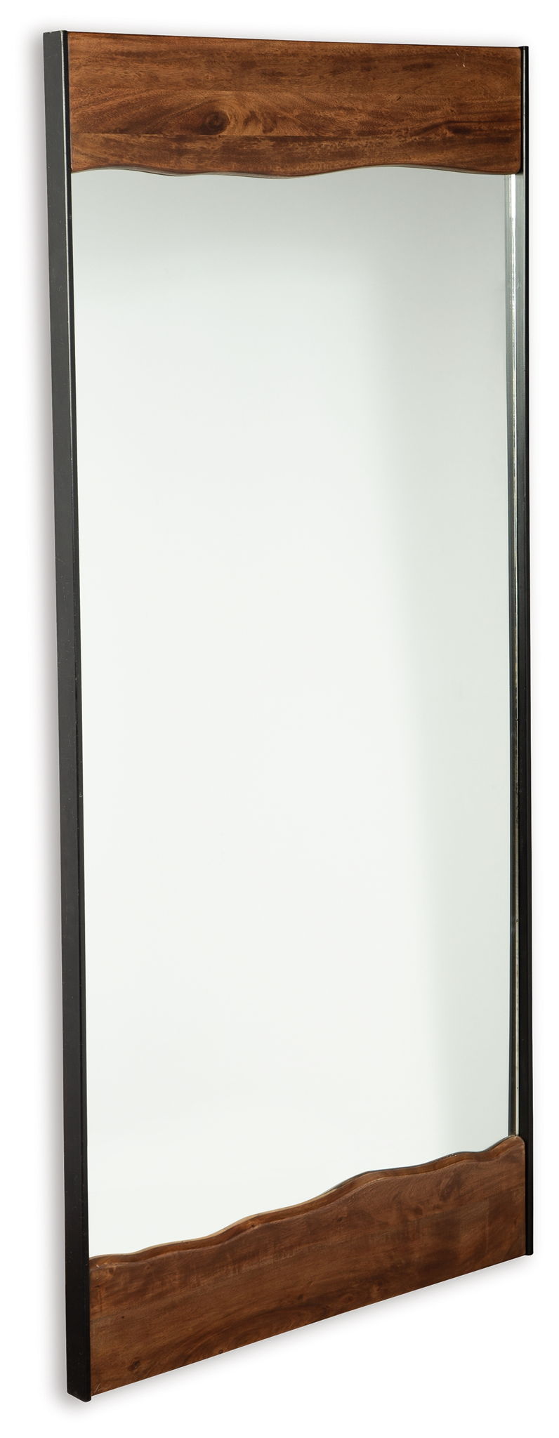 Rectangular floor mirror with brown wood frame and dark black border
