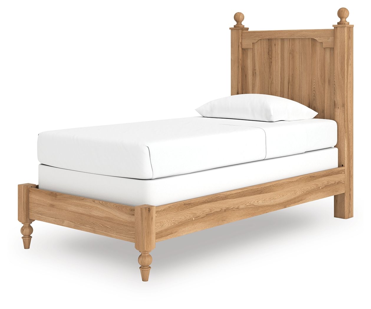 Light brown wooden panel bed with white upholstered mattress and curved headboard