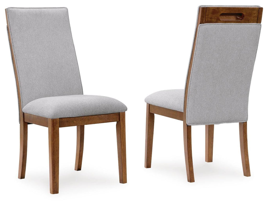 Set of 2 dining side chairs: beige upholstery, brown wooden legs