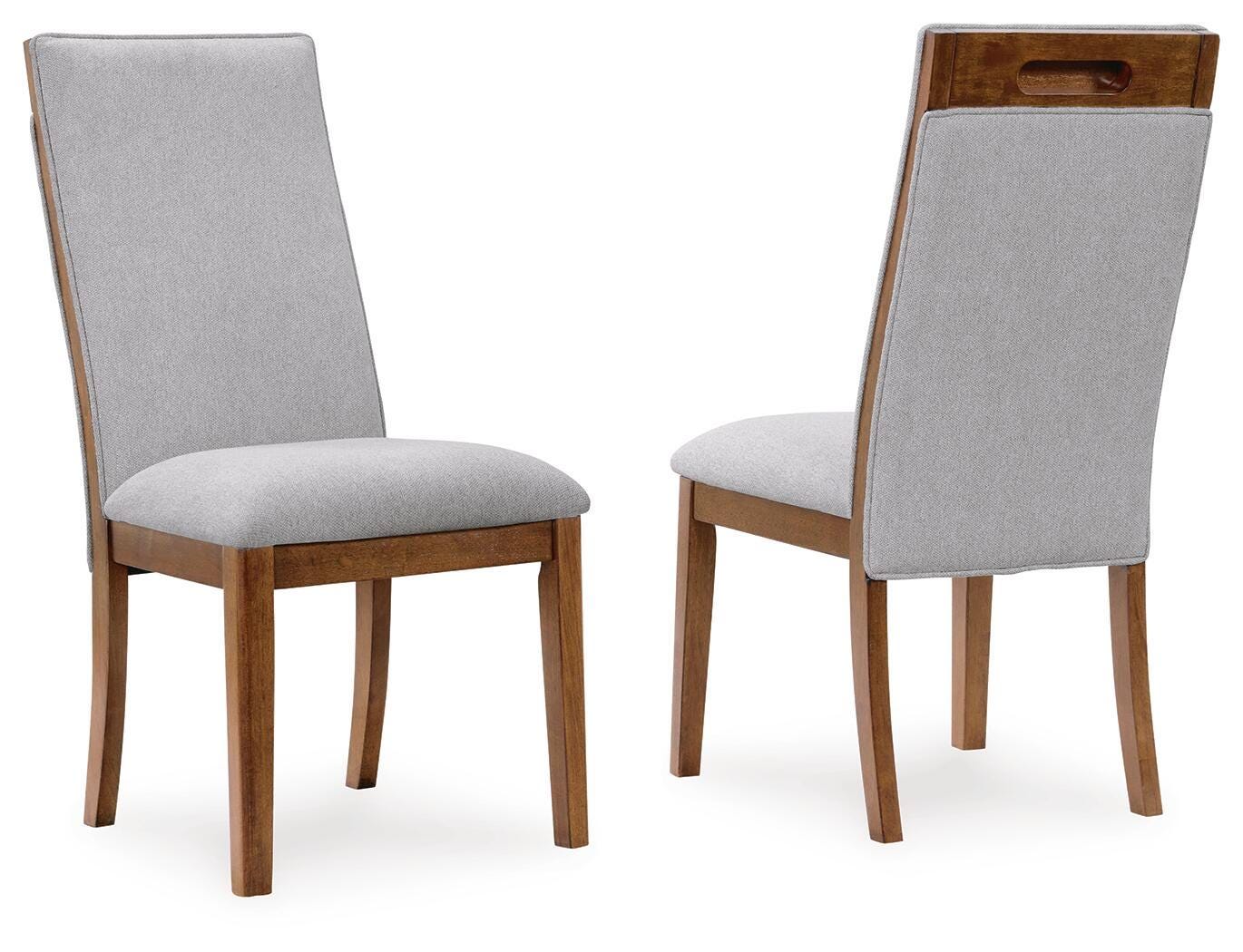 Set of 2 dining side chairs: beige upholstery, brown wooden legs