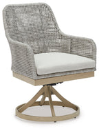 Gray swivel chair with white cushion, textured back, and light wood circular base.