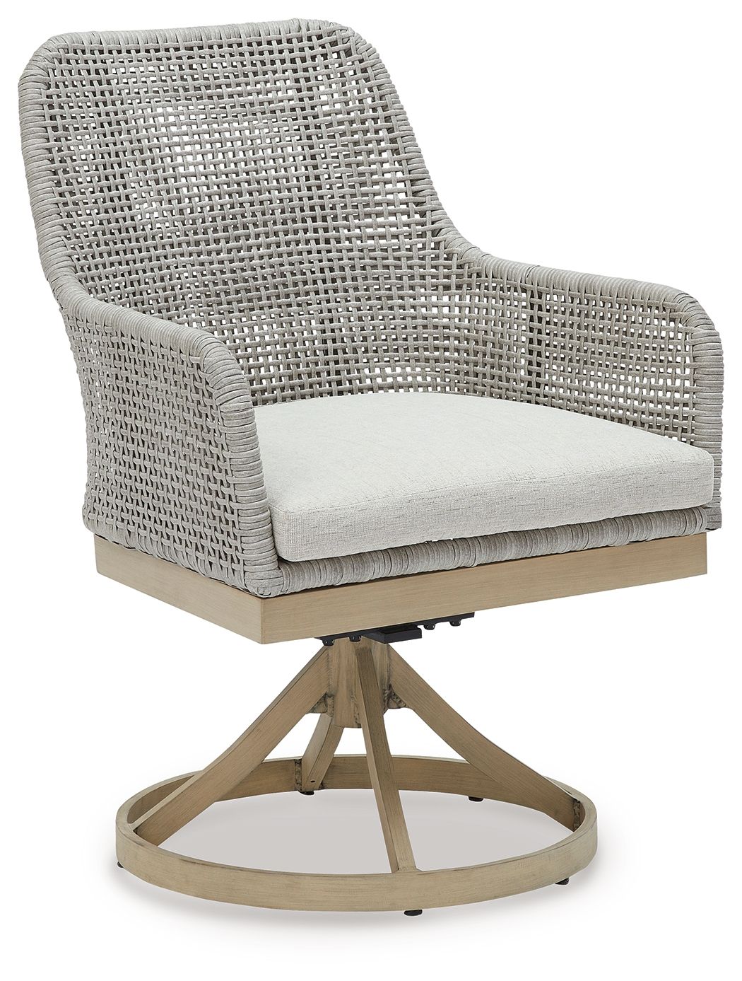 Gray swivel chair with white cushion, textured back, and light wood circular base.