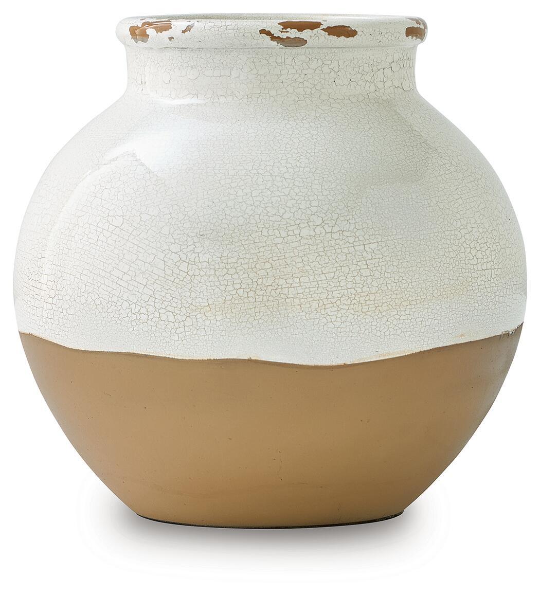 Vercott white ceramic vase with crackle glaze and tan bottom, rounded body and flared rim