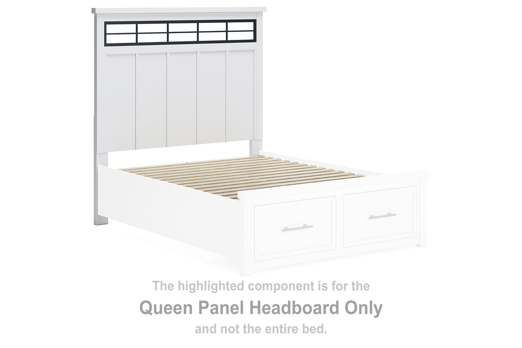 White panel headboard with horizontal trim and vertical panels