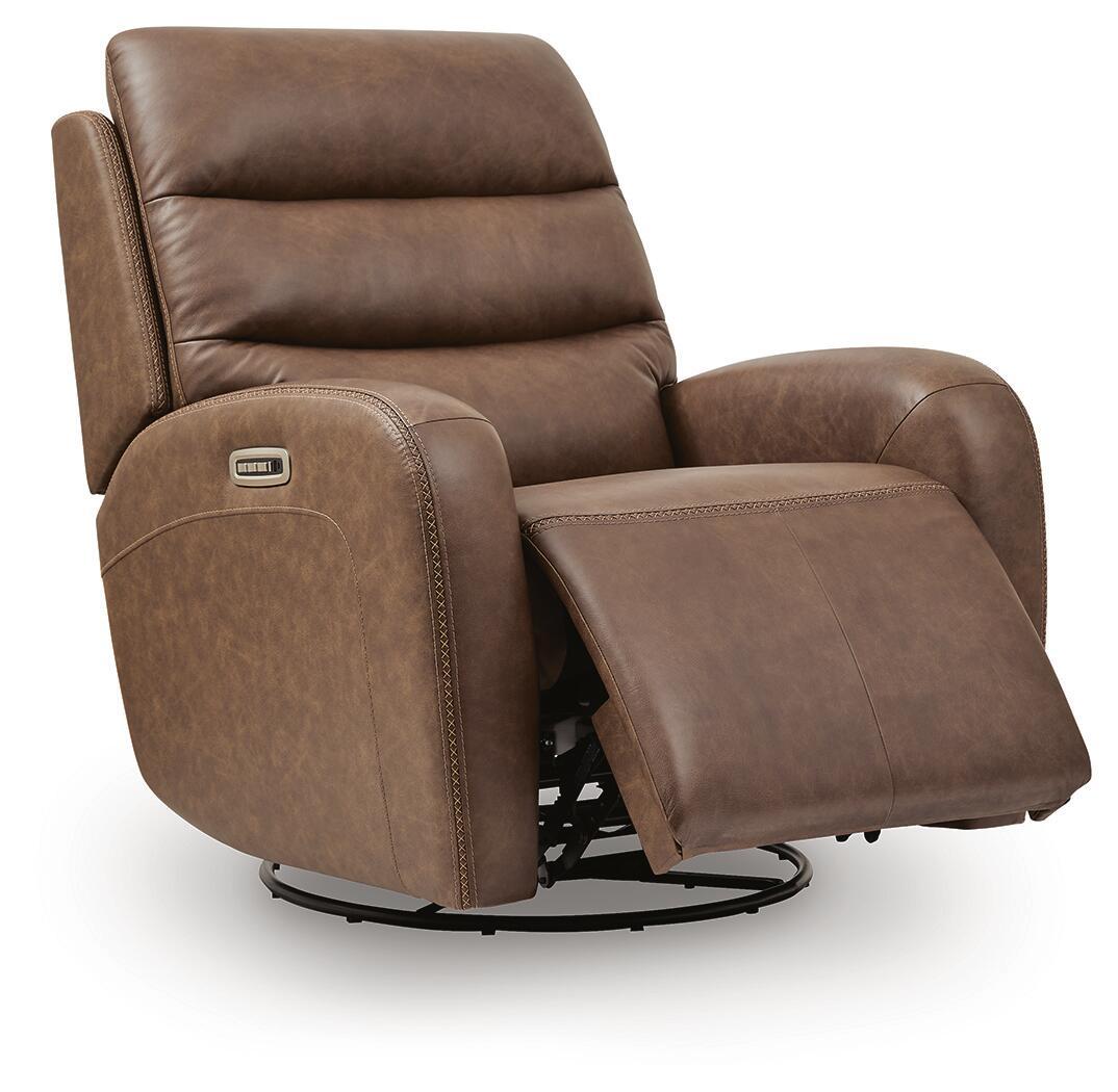 Saddle brown power swivel recliner with extended footrest and side power control