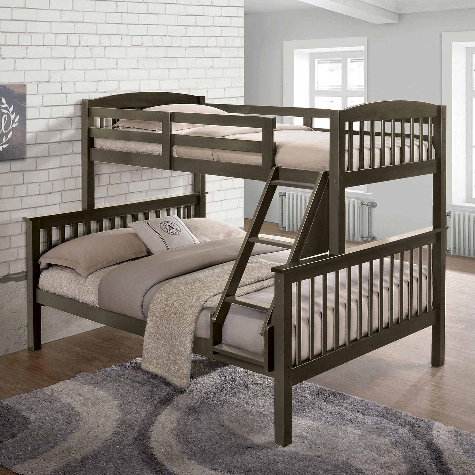 Gray Twin Full Transition Bed with Slat Design & Angled Ladder