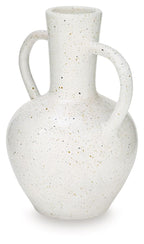 Speckled white ceramic vase with two loop handles and tall narrow opening.