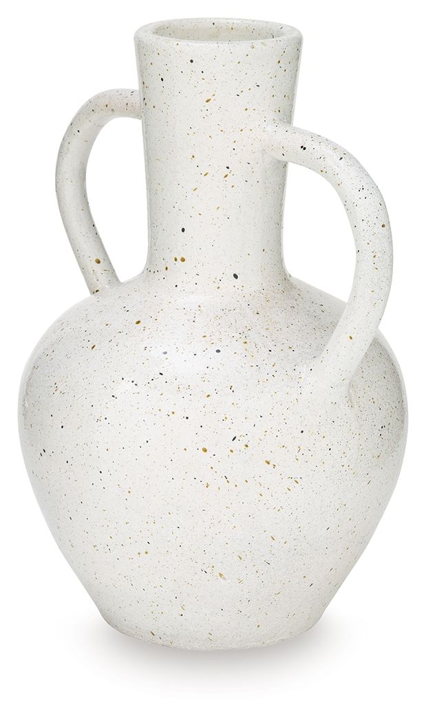 Speckled white ceramic vase with two loop handles and tall narrow opening.