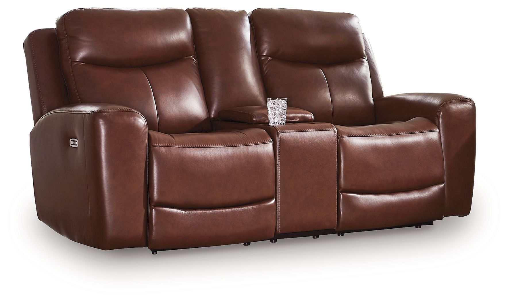 Dark brown power reclining loveseat with center console and split headrests