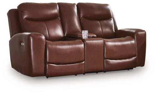 Dark brown power reclining loveseat with center console and split headrests