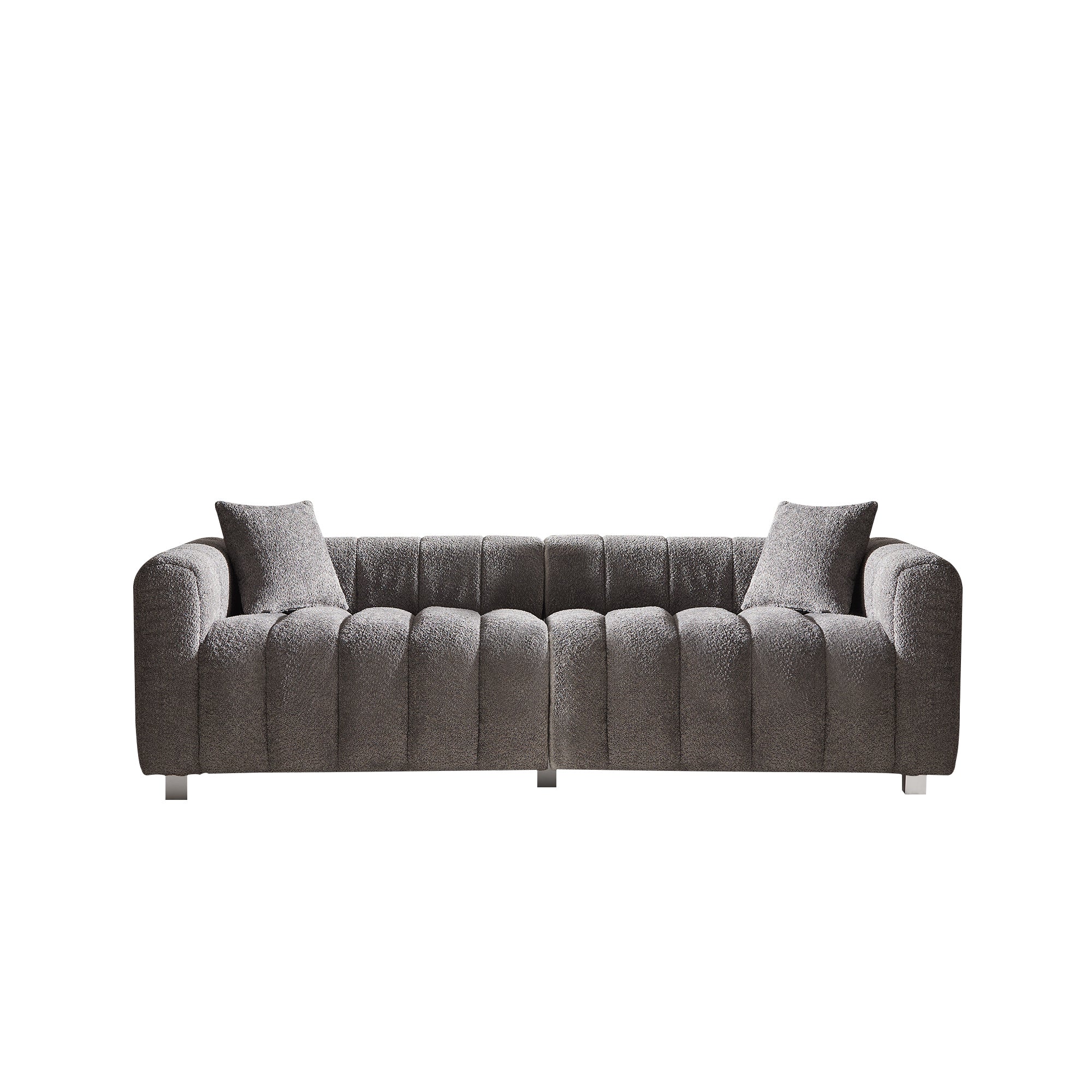 Modern Gray Velvet 3-Seater Sofa w/ Metal Legs & 2 Pillows