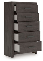Charcoal five-drawer chest with side view showing open drawers and white liners.
