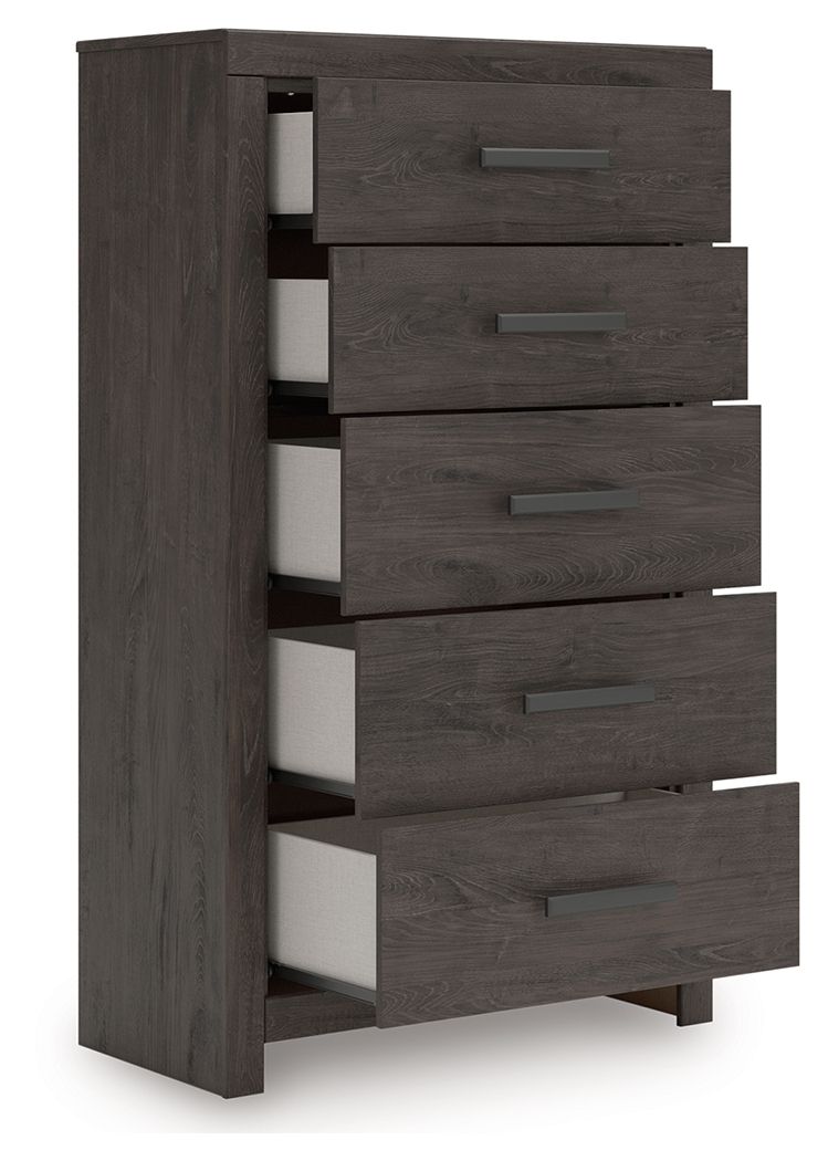 Charcoal five-drawer chest with side view showing open drawers and white liners.