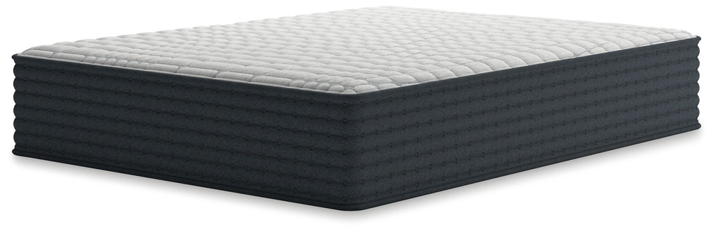 Hybrid mattress with white quilted top and dark gray padded sides