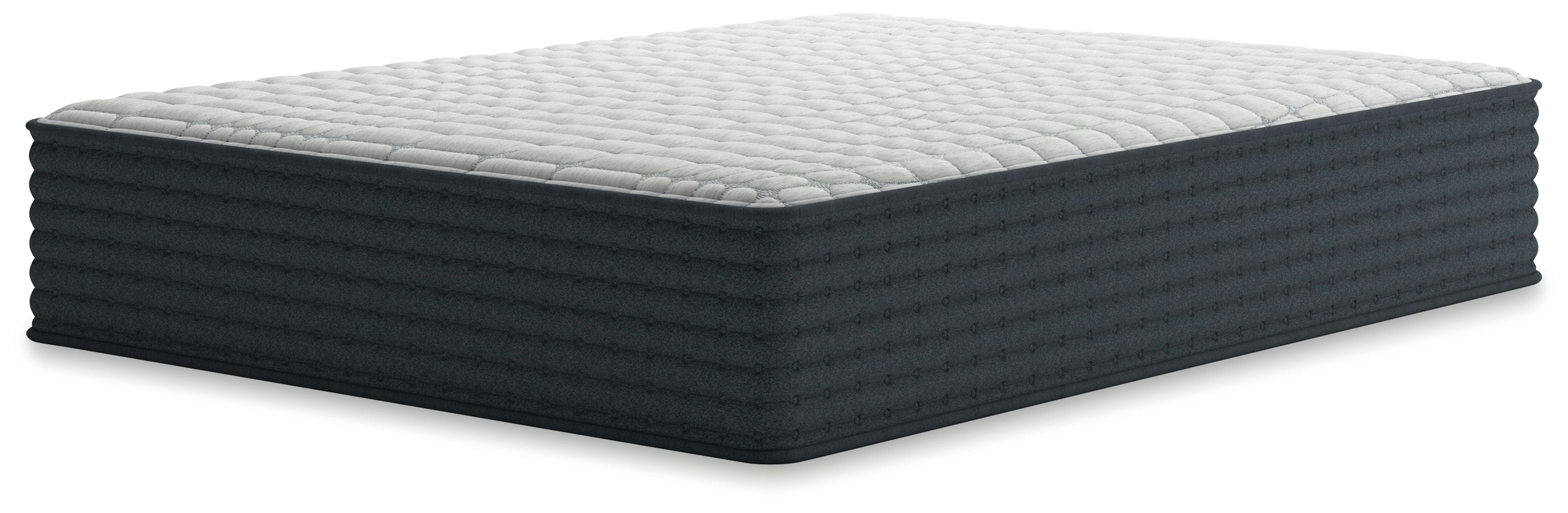 Hybrid mattress with white quilted top and dark gray padded sides