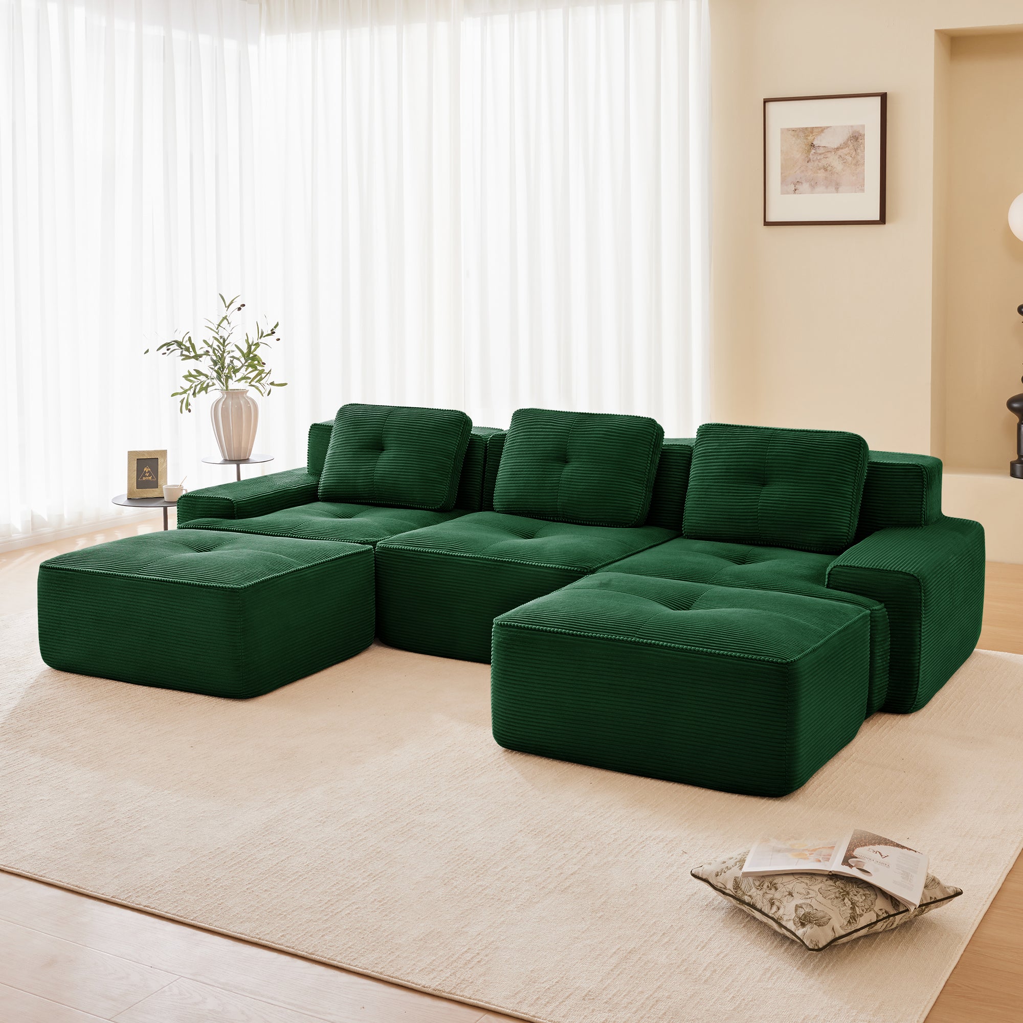 Green corduroy sectional sofa with U-shape chaise and two modular ottomans