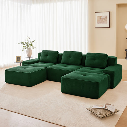 Green corduroy sectional sofa with U-shape chaise and two modular ottomans
