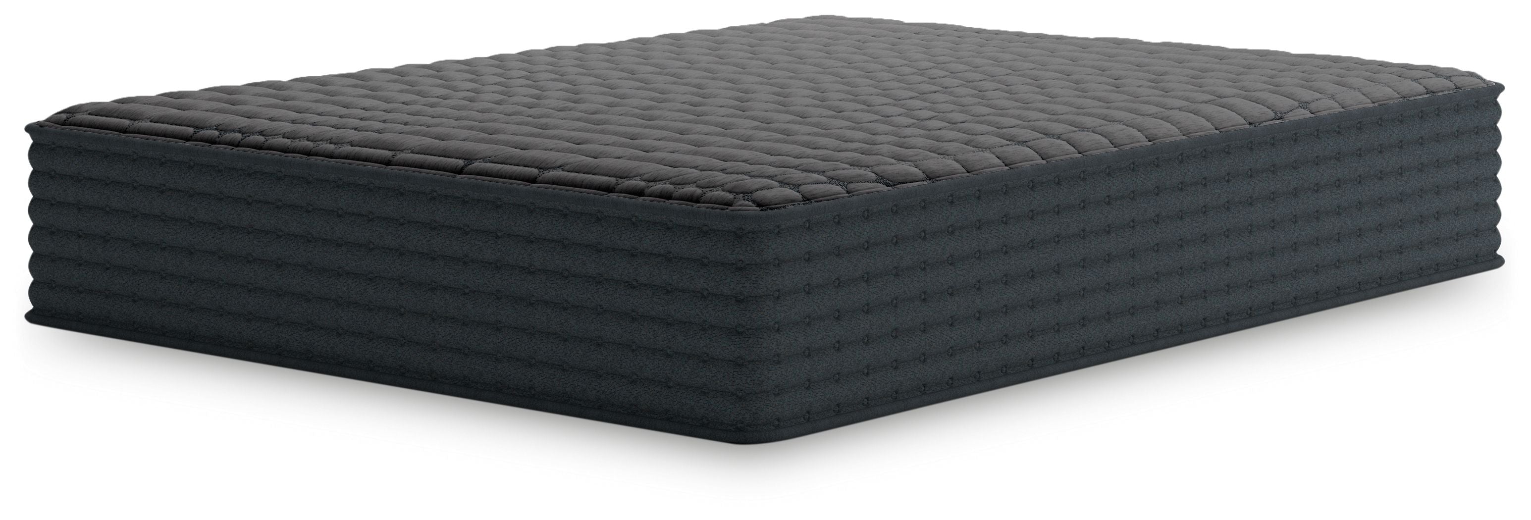 Gray hybrid mattress, three-quarter view with dark quilted surface